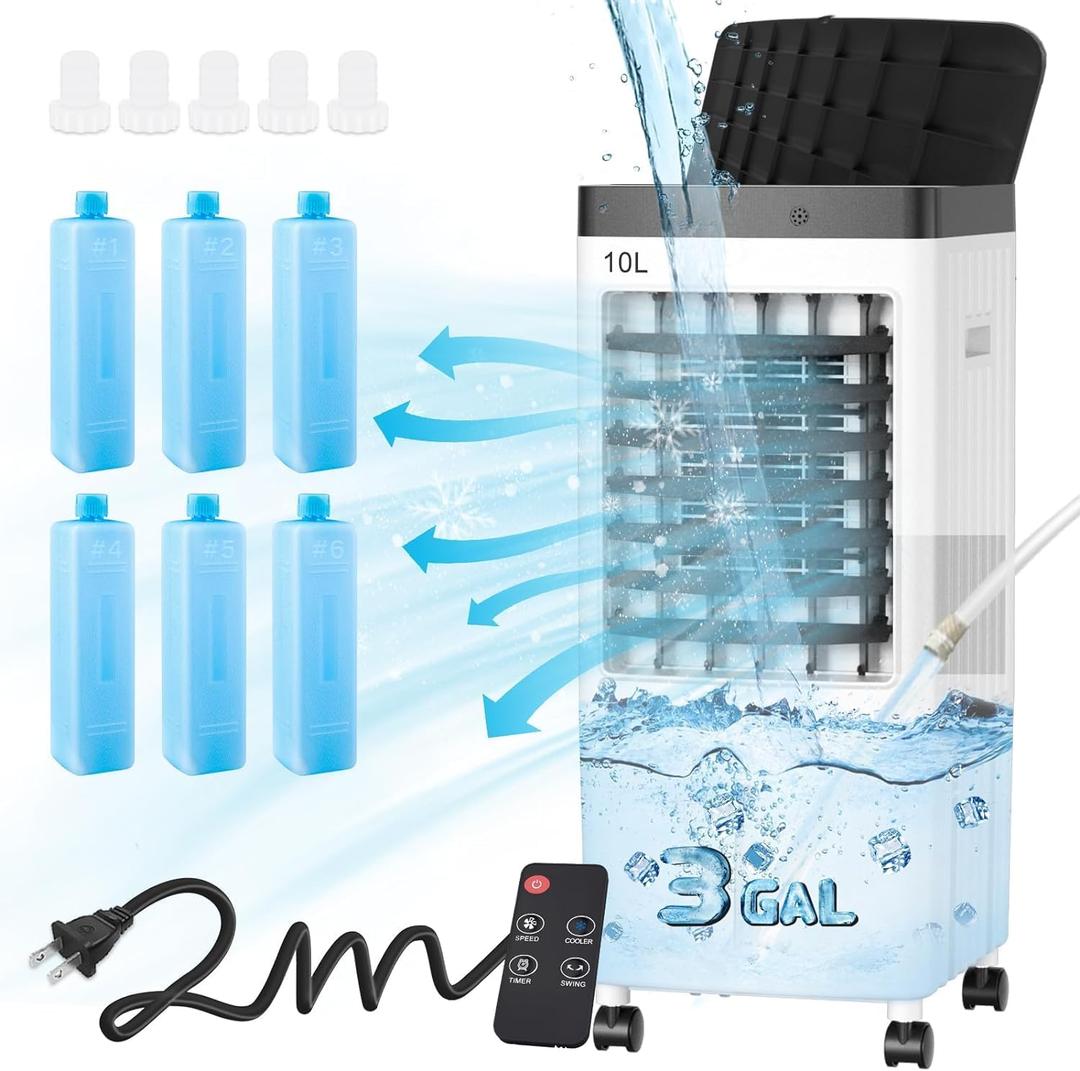 Swamp Cooler, Evaporative Air Cooler with 6 Ice Packs, Swamp Cooler Air Conditioner with 3 Gal Water Tank, 3 Speeds, 80 Oscillation, Portable Air Conditioners Alternative for Room Home OfficeWhite)