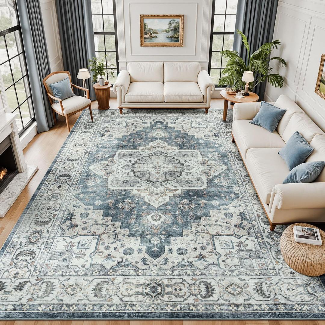 Lessymo Large Area Rugs 9x12 for Living Room, Soft Washable Rug for Bedroom Dining Room Nursery Room Farmhouse, Boho Non Slip Low Plie Carpet Vintage Floral Design, Blue Grey/Beige