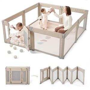 Sweeby Foldable Baby Playpen, 79x71 Playpens for Babies and Toddlers Large Play Yard with Door Baby Fence with Gate and Indoor & Outdoor Play Pen, Light Khaki