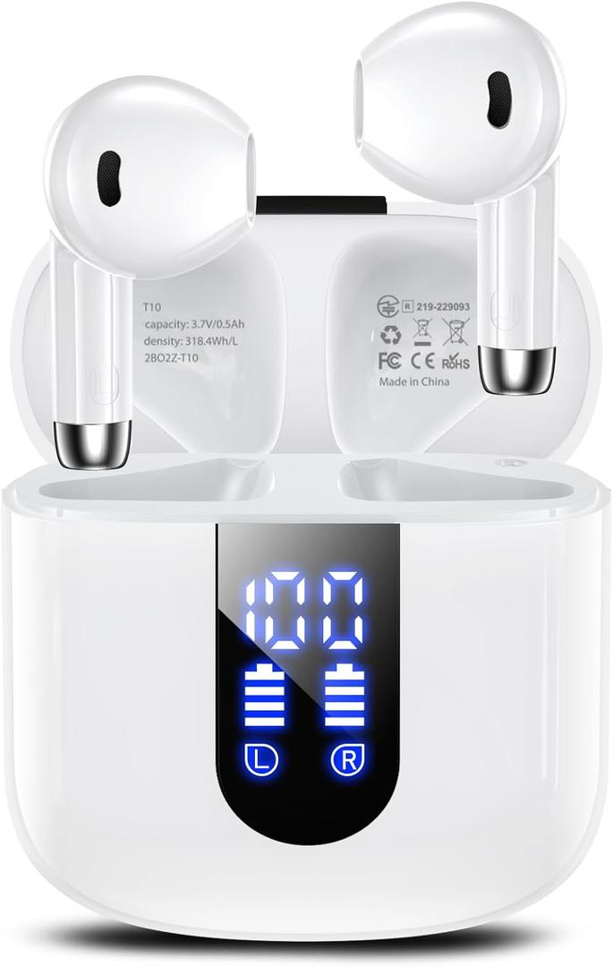 Wireless Earbuds, Bluetooth Headphones with Deep Bass Stereo, 48H Playback Ear Buds with LED Power Display, Lightweight, IPX7, in-Ear Earphones with Mic for iPhone/Android/iPad, White