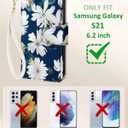Toycamp for Samsung Galaxy S21 Wallet Case with Wrist Strap - Leather Flip Folio Cover with RFID Blocking 4 Card Slots Galaxy Samsung S21 Cute Aesthetic for Women Lady, Blueleaf Flower