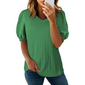 SHEWIN Women's Summer Tops V Neck Casual Puff Short Sleeve Textured T Shirts Blouses (Green, S)