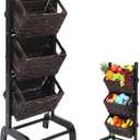 Wicker 3 Tier Foldable Storage Basket Floor Rack with Market Storage Basket Water Hyacinth Storage Rack Hand Woven Laundry Rack for Bathroom Kitchen Laundry Room Living Room Storage (Brown)