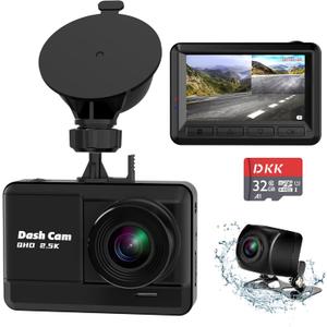 Dash Cam Front and Rear, 2.5K+1080P Dual Dash Camera for Cars with 32GB SD Card, 2.45 inch IPS Screen, 2 Mounting Ways, Night Vision, WDR, Accident Lock, Loop Recording, Parking Monitor