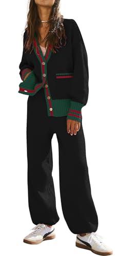 ETCYY NEW Women's 2 Piece Outfit Lounge Set Trendy Cardigan Sweater Pants Sets V Neck Button Pocket Knit Matching Loungewear, Medium