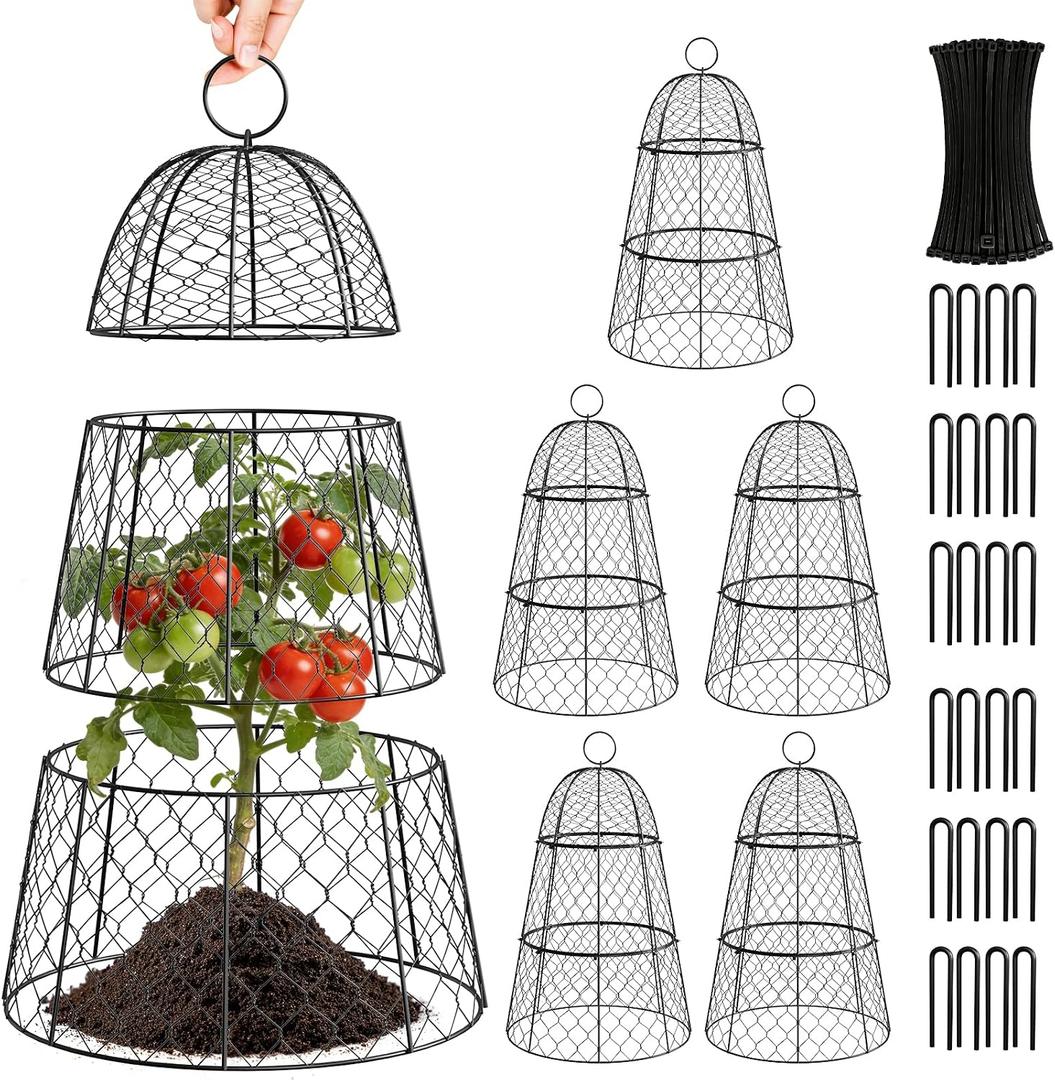 6 Pack Garden Cloche Plant Protectors from Animals, Adjustable 3-Tier Chicken Wire Plant Cages for Outdoor Plants, Stackable Metal Garden Cloches Keep Rabbits, Squirrels & Birds Away, 17.3" x 11.4"