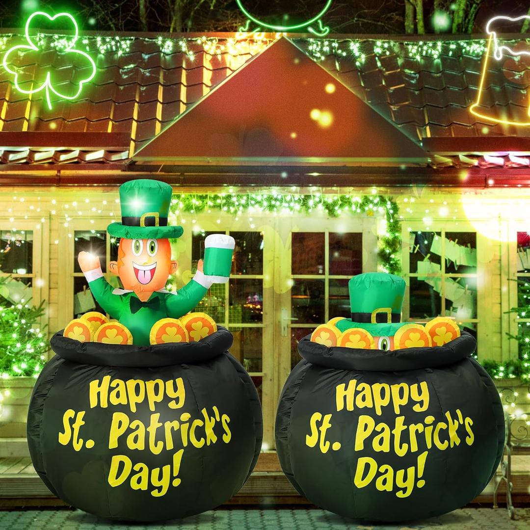 Leyndo 4FT Rises up Down St Patrick's Day Inflatable Outdoor Decorations Inflatable Leprechaun in Pot of Gold with Lights Blow up Lawn Decor for Party St Patrick's Day Holiday Yard Decoration
