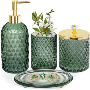 Bathroom Accessories Set, 4Pcs Sage Green Glass Bathroom Accessory Set Complete w/Lotion Soap Dispenser, Toothbrush Holder, Qtip Holder, Soap Dish, Gold Bathroom Decor Sets, Gift for Home Apartment