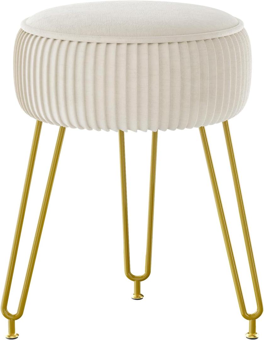 IBUYKE Velvet Round Footrest Stool Ottoman, Makeup Vanity Stool Side Table, Velvet Dressing Table Seat, Pouf Couch Stool, Golden Steel Legs, Creamy-White LG-30M (without storage)