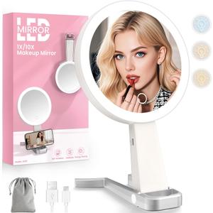 Makeup Mirror with Lights and Magnification, Double-Sided 10X Magnifying Mirror, Portable Lighted Makeup Mirror with 3 Color Lights, Rechargeable Make up Mirror 3 in 1 Tabletop, Handheld, Hanging