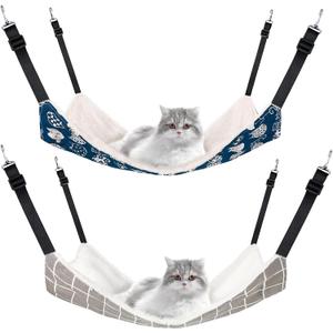 2 Pieces Reversible Cat Hanging Hammock Soft Breathable Pet Cage Hammock with Adjustable Straps and Metal Hooks Double Sided Hanging Bed for Small Dogs Rabbits(Cat and Plaid,L)