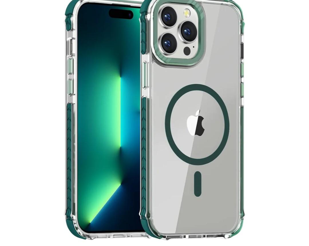 DEERLAMN Strong Magnetic Case for iPhone 15 Pro Max 6.7-Inch,[Compatible with Magsafe][Military Grade Drop Protection] Clear Slim Shockproof Protective Phone Cover-Transparent+Green