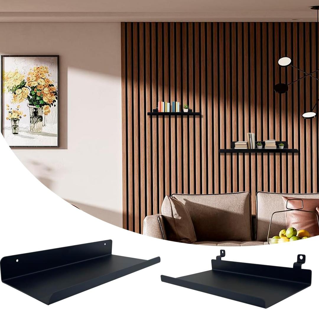 Wall Shelves for Wood Slat Acoustic Panels, 2 Pack 8x4 Inch and 12x4.8 Inch Retail Display Shelves for Storage, Metal Boutique Display Shelf Accessories for 3D Wall Panels