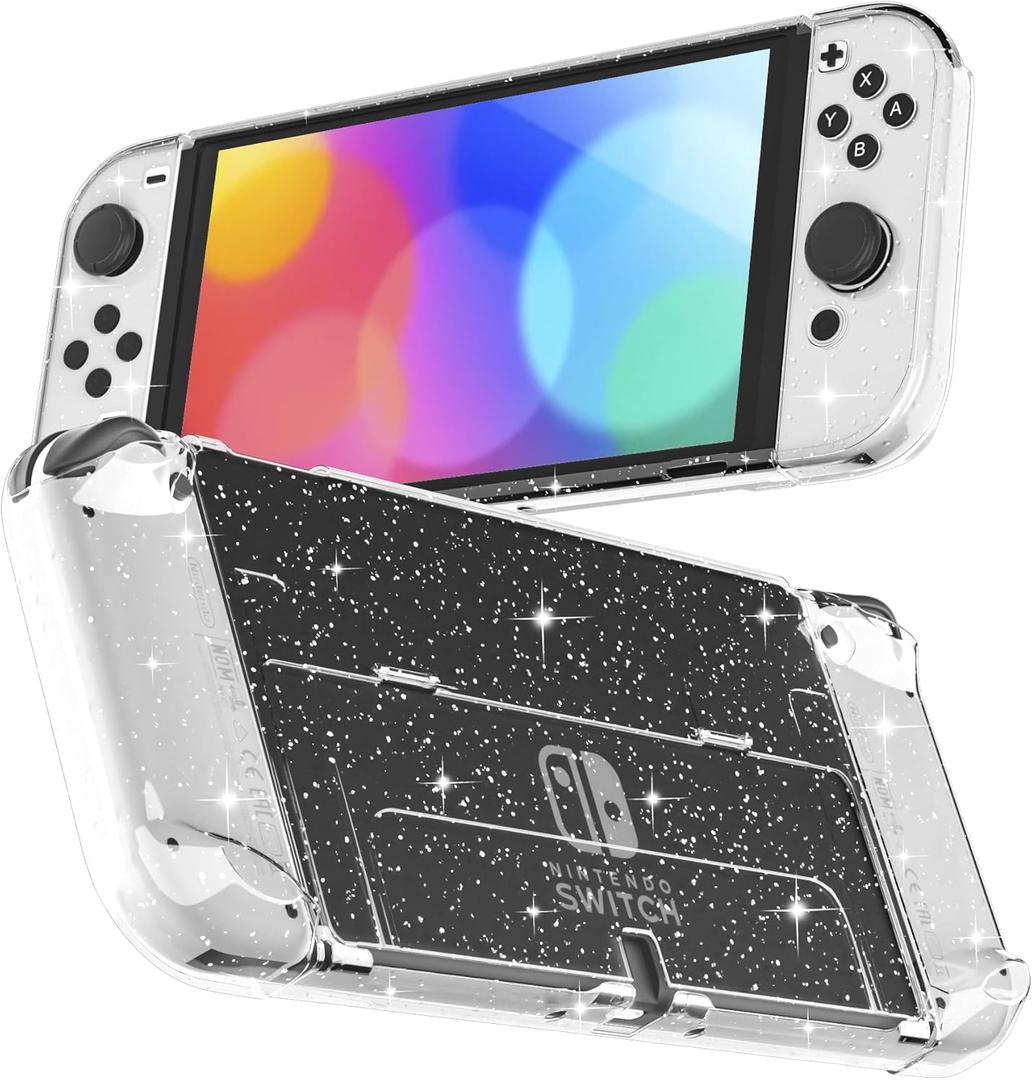 RHOTALL 3 in 1 Protective Glitter Clear Case Cover for Nintendo Switch OLED, Dockable Skin for Switch OLED and Joy Con Controller, Comfort Grip Shell with Shock-Absorption and Anti-Scratch Design