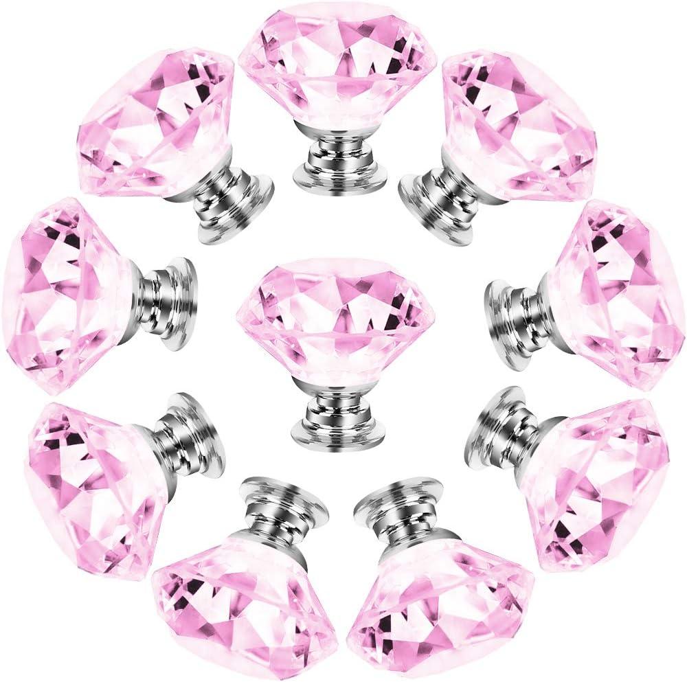 NORTHERN BROTHERS 10 Pack 30mm Crystal Cabinet Knobs, Diamond Glass Drawer Knobs with 3 Screw Sizes, for Dresser, Kitchen & Bathroom, Pink