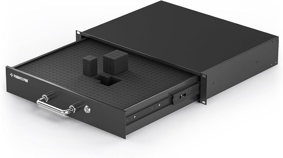 Phenyx Pro 2U Locking Rack Drawer, Metal Rack Mount Drawer w/Pre-Cut Foam, Sliding and Lockable Server Cabinet Case for 19 Inch AV/Network/DJ Equipment or Cabinet Enclosure (PRDWR-2U)