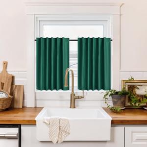 RYB HOME 100% Blackout Short Curtains for Small Window, Thermal Insulated Noise Reducing Back Tab Curtains for Nursery Bathroom Basement, 42 inches Wide by 30 inches Long, Dark Green