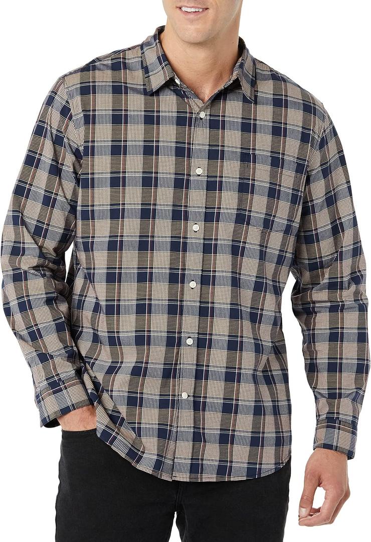 Amazon Essentials Men's Long-Sleeve Slim-Fit Stretch Poplin Shirt (Gold Navy Checked)