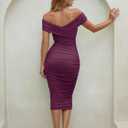 Women's Convertible Off Shoulder Neckline Special Occasion Party Ruched Bodycon Mesh Dress with Built-in Bra (Purple, L)
