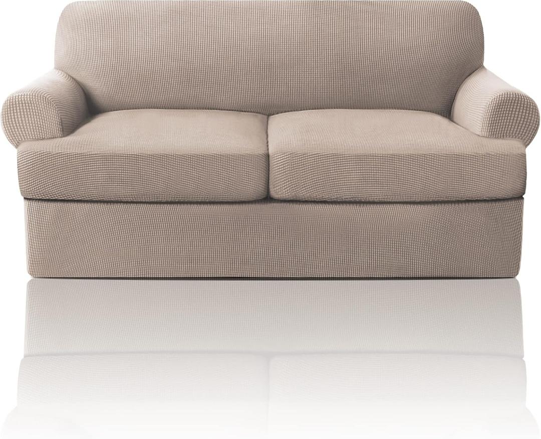 PrinceDeco T Cushion Loveseat Slipcover 3 Pieces Sofa Covers for T Cushion Sofa Stretch Slip Covers for 2 Cushion Couch with 2 Individual T Shape Seat Covers Width Up to 76" - Washable, Sand 2 Cushion Loveseat