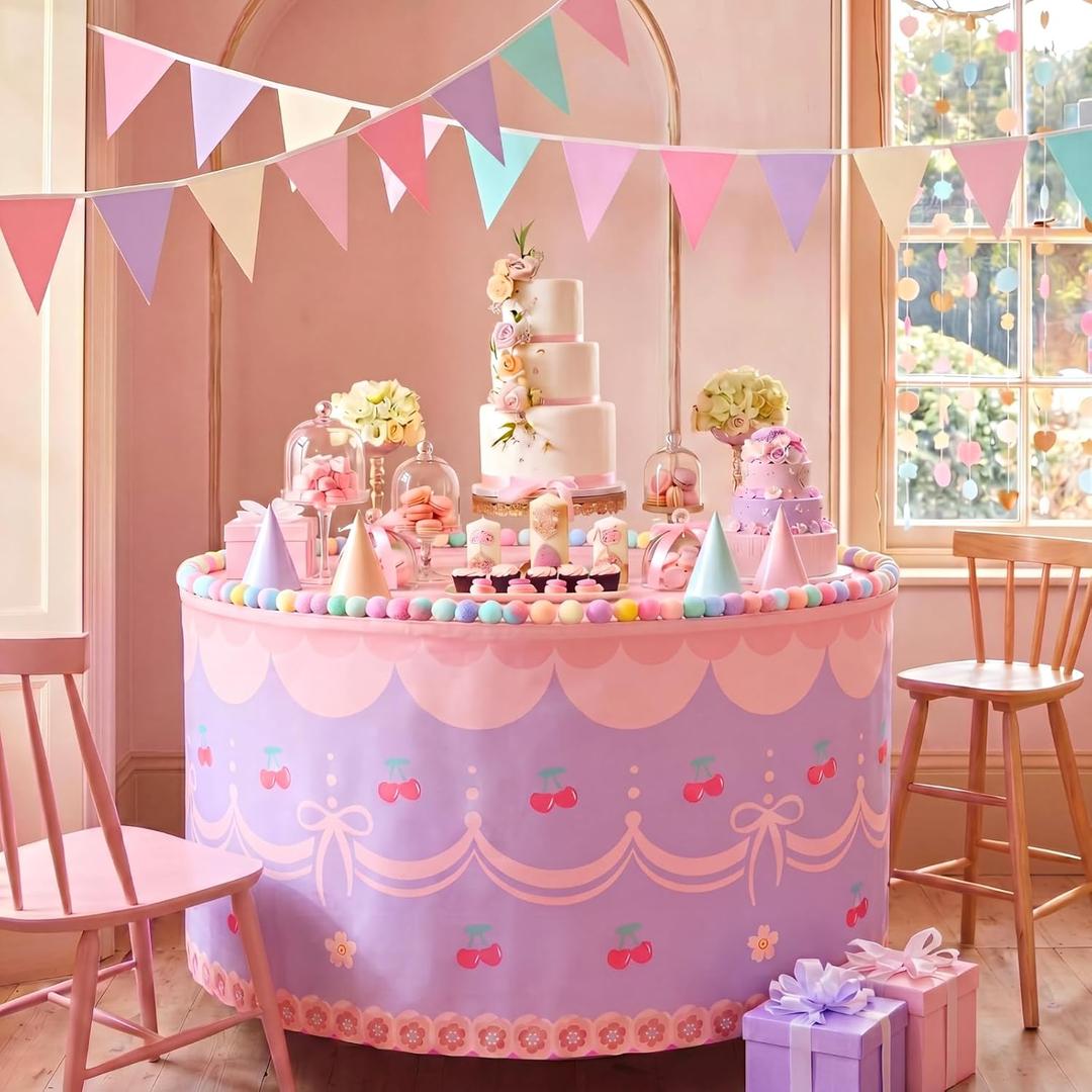 Haull Girls Women Party Decorations 1 PC Pink Round Tablecloth 84'' 2 Pcs Cherry Table Skirt and 100 Pcs Pastel Pom Poms for Princess Girls Birthday Baby Shower Bridal Tea Party Dessert Decorations, 10.6"
