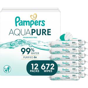 Pampers Aqua Pure Baby Wipes, 99% Water, Fragrance Free, 672 Baby Wipes Total (12X Flip-Top Packs) 