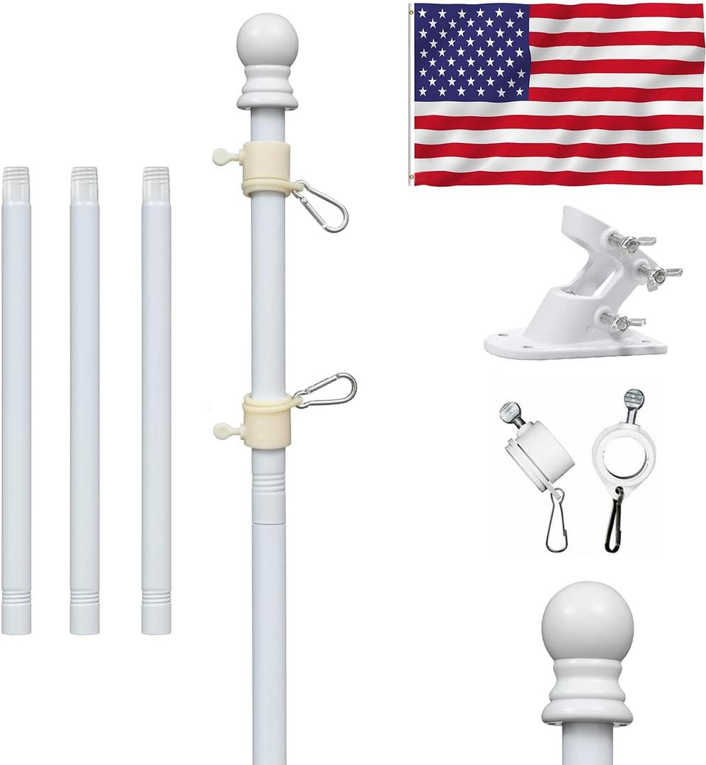 American flag with pole,Flag poles kit for 3 x 5 Flags Holder,Including 100% Polyester Flags, 6 FT stainless steel No Tangle Spinning Pole and 2-Position Flag Pole BracketAmerican flag (White)