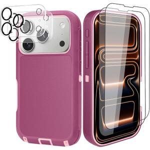 for iPhone 17 Pro Max Case (6.9"), with Belt Clip Holster and 2 Screen Protector+2 Camera Lens,Tough Durable,Military- Grade Shockproof Drop Protection,Heavy Duty Cover-WinePink