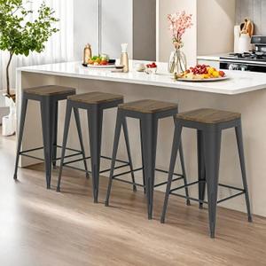 24 inch Backless Bar Stools Set of 4, Indoor Metal Bar Stools with Wood Seat, Industrial Counter Height Barstools for Kitchen Island, Black