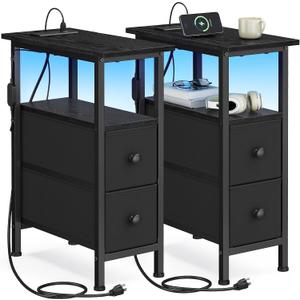 SONGMICS Side Table with LED Light, Narrow End Table with 2 Fabric Drawers, 2 Pack