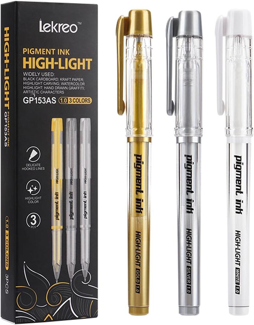 Gold Silver White Ink Gel Pens, 1mm Medium Fine Point, Opaque archival Ink Pen for Dark Paper Drawing,Sketching, Illustration, Card Making, Bullet Journaling (Assorted Color- 3 Packs)