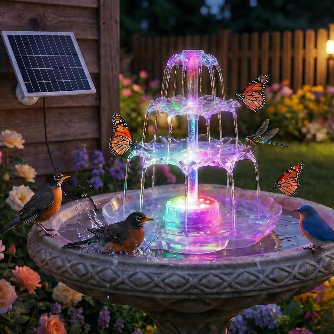 AISITIN 6.5W Solar Bird Bath Fountains with Lights, 3 Tiered Bird Bath with Solar Water Pump, Upgraded Detachable DIY Solar Powered Fountain for Garden, Patio, Yard and Pond