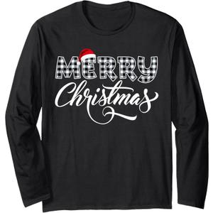 Merry Christmas Buffalo Black and White Plaid for Men Women Long Sleeve T-Shirt, S