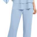 Zongqiven Womens Dressy Pant Suit Wedding Evening Outfits 2 Piece Chiffon Formal Pantsuits Light Blue, Size L