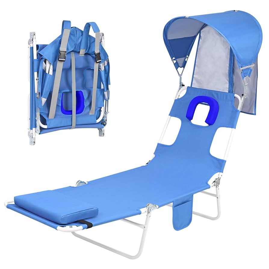 Heavy Duty Tanning Chair with Face Hole, Adjustable 5-Position Folding 
Backpack Beach Tanning Chair with Canopy Sun Shade & Face Hole, 6 Position Folding Lounge Sun Chair for Adults Outside Reading Sunbathing Poolside Camping Lawn, UPF 50+, 2 Pack, Patent Design
