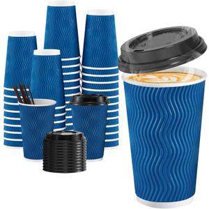 SIUQ 16 oz Coffee Cups-90 Pack Disposable Coffee Cups with Lids and Straws, Insulated Ripple Wall To Go Paper Coffee Cup for Coffee, Hot Chocolate and Hot Tea Drinks - Navy