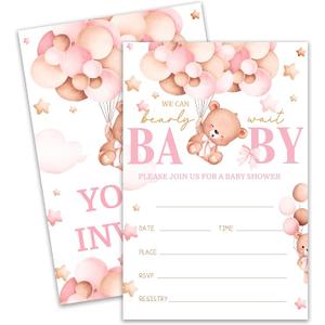 Cute Bear with Balloons Baby Shower Invitations, “We Can Bearly Wait” girl Baby Shower Invitation Set, Teddy Theme 4x6 Inch Gender Reveal Party Supplies(072)