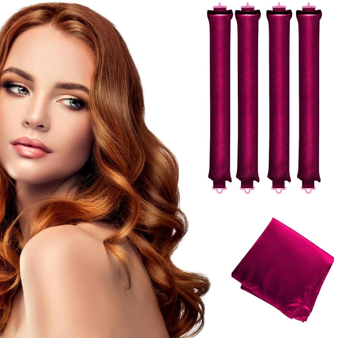 Heatless Hair Curler-Over Night Blowout Rods-Soft Velvet Hair Rollers 4 Piece -Hair Rollers for Long and Short Hair with Head Scarf for Sleeping.Red Wine, 5 Count (Pack of 1)