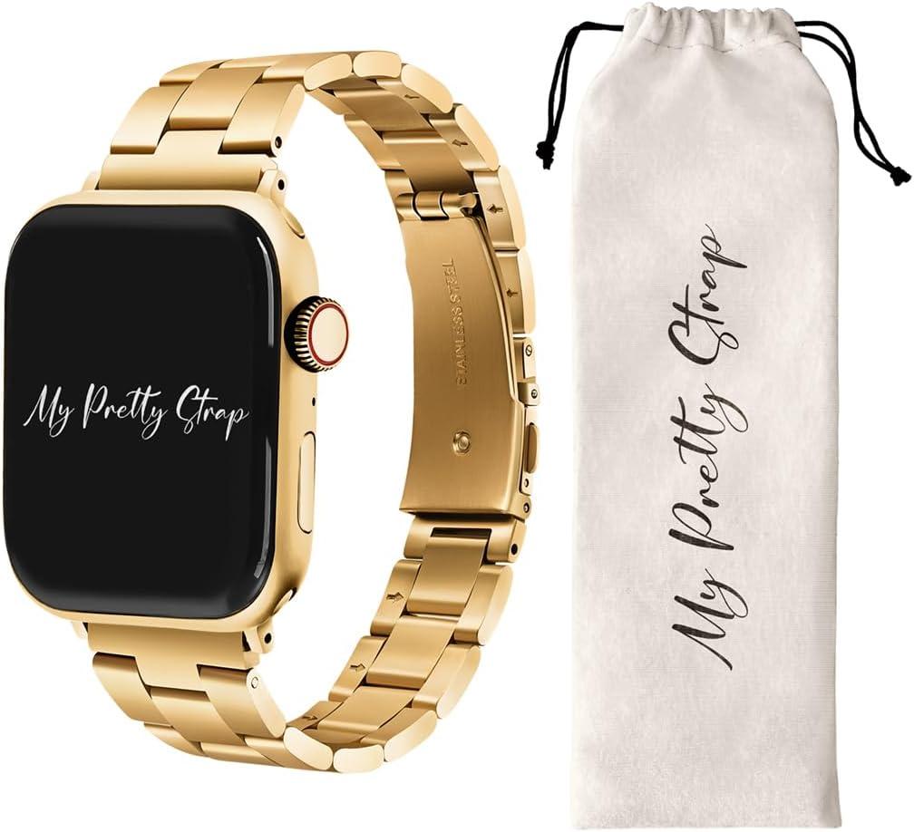 My Pretty Strap - Compatible Apple Watch Band Strap, Stainless Steel Fashion iWatch Replacement Strap- Easy Resizing, No Tool Needed, Fits Most Wrists- Compatible with Series 1-11, SE and Ultra (Classic Vogue Gold)