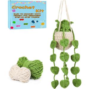 XIANFANG Green Apple Plants DIY Craft Supplies, Beginner Crochet Kit for Adults Kids Women Men Hanging Potted Plants Crochet Starter Kit with Step-by-Step Instructions and Video Tutorials
