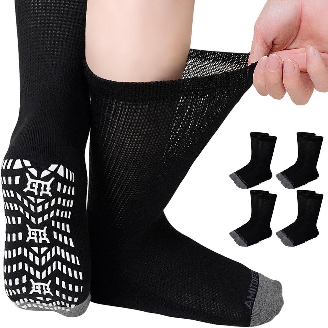 CaiDieNu Non Slip Diabetic Socks: 4 Pairs Non Binding Hospital Socks for Men Women with Grips Elderly Edema (11-13, Black)