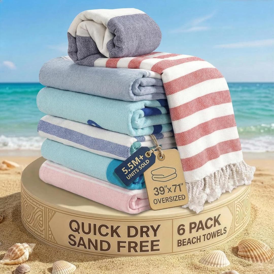 LANE LINEN Turkish Beach Towels Set of 6  Pre-Washed, Sand-Free, Quick Dry, Lightweight Travel Towels for Women, Soft Bath Beach Towels, 39"x71"  Coastal Bliss