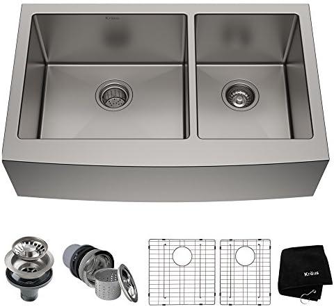 KRAUS Standart Pro 33-Inch Apron Front Farmhouse 16-Gauge 60/40 Double Bowl Stainless Steel Kitchen Sink, KHF203-33