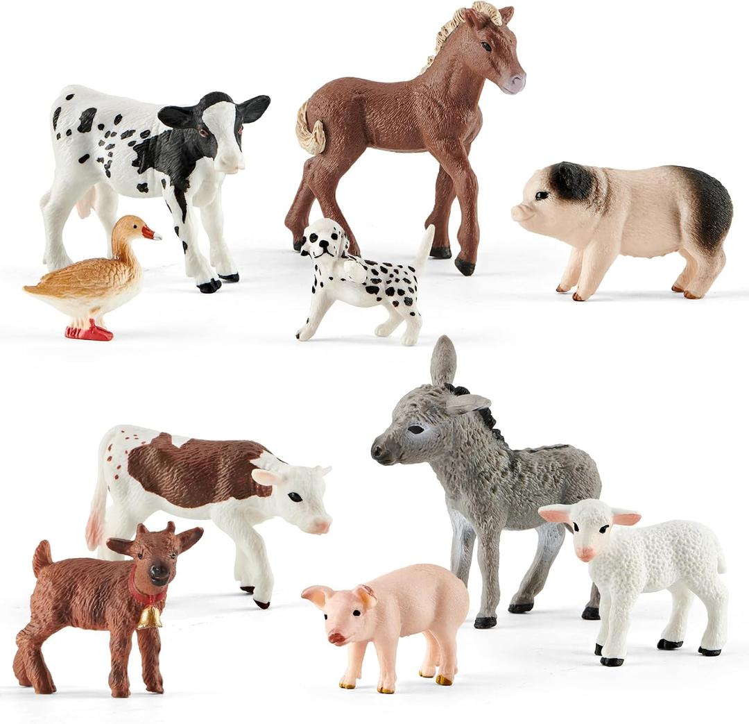 10 Pcs Baby Plastic Farm Animal Toy Figure Set for Toddler Kid 3-5 5-7 Cow Horse Goat Sheep Pig Donkey Goose Dog