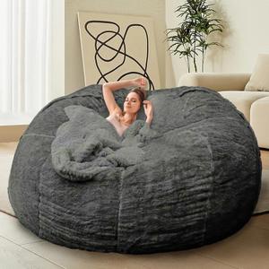 Bean Bag Chair for Adults Kids Without Filling Comfy Fluffy Giant Round Beanbag Lazy Sofa Cover for Reading Chair Floor Chair, 7FT, Dark Grey
