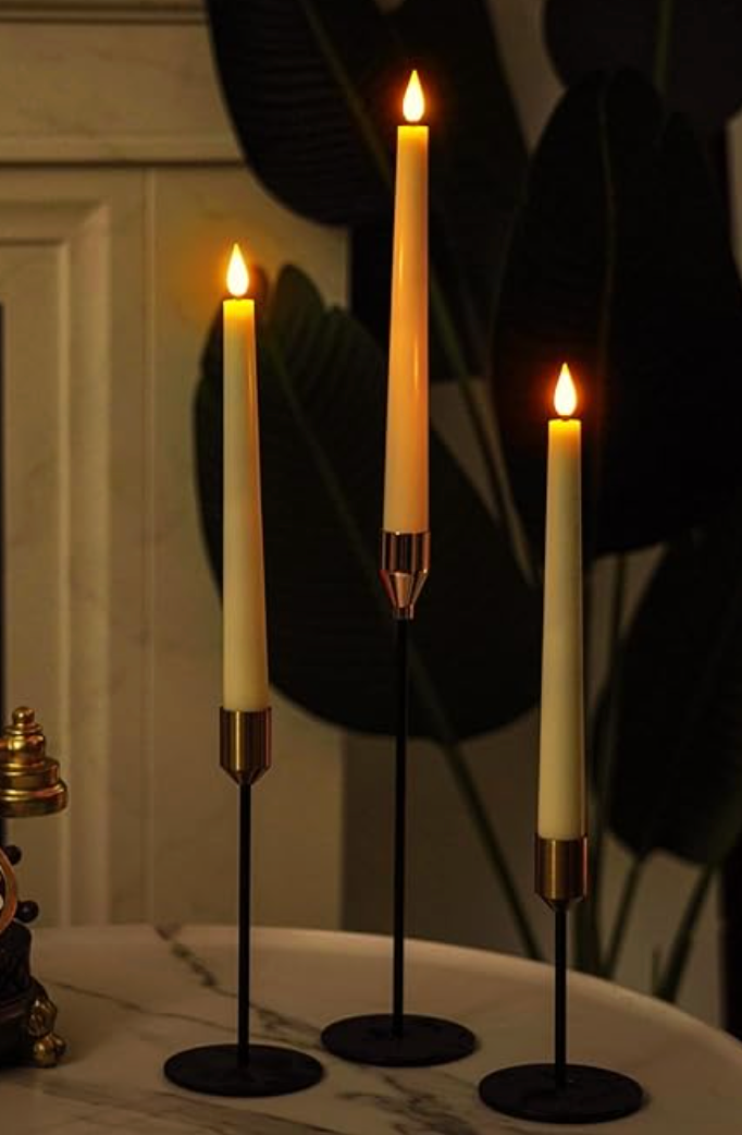 Homemory 3 Pcs Waxy Flameless Taper Candles, Led Flameless Candlesticks Classic Tall Candle, Flickering Battery Operated Taper Candles for Bedroom, Dining Room, Ivory, 9.6 inches