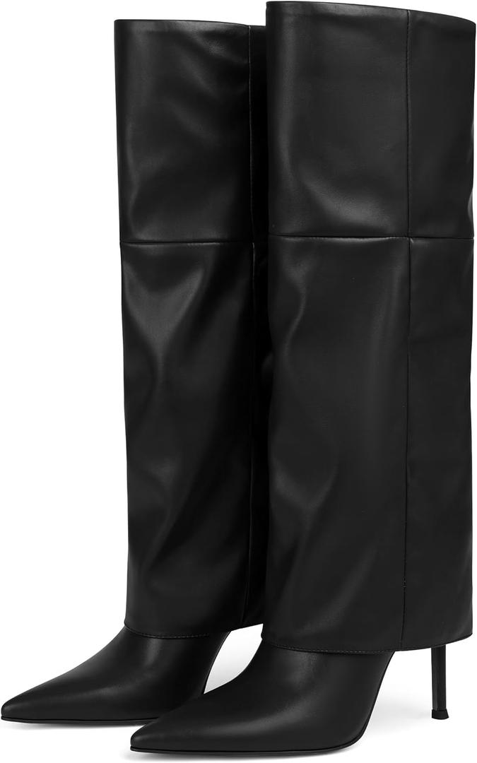 Oiamenne Women's Fold Over Boots Knee High Boots for Women Pointed Toe Stiletto Heel Long Boots Sexy Tall Boots Slip On Fall Winter boots (us size 9)