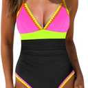 popvil One Piece Swimsuit Women 2025 Neon Color Block Contrast Cross Strap Bathing Suit Modest Cute Swim Suits S L