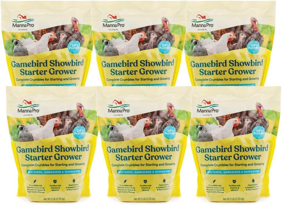 Manna Pro Gamebird Showbird Crumbles, Vitamin and Mineral Supplement for Poultry, Supports Growth, Feathering, and Overall Health, Complete Nutrition for Game and Show Birds, 6-Pack of 5 lb Bags, Made: 01-09-2025