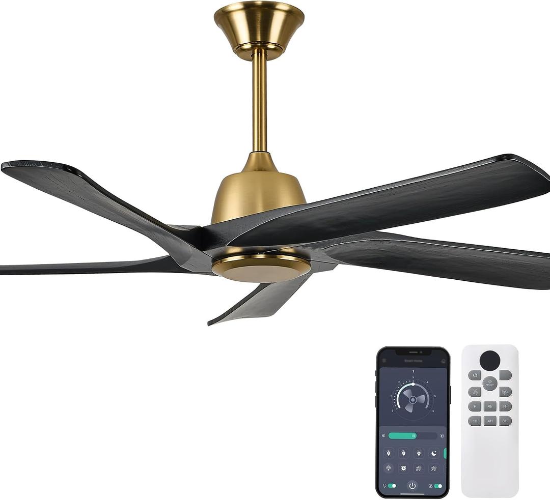 52 Inch Solid Wood Ceiling Fan No Lights, (Black Gold)